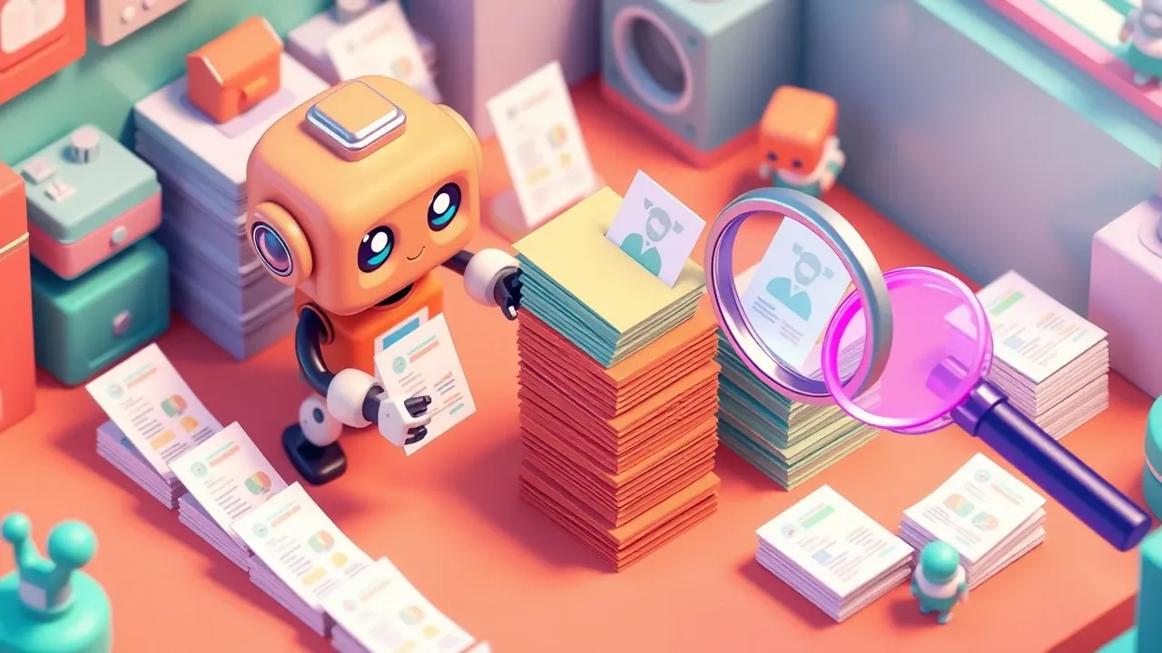 A recruiter robot organizing floating resumes into labeled stacks, with a friendly magnifying glass highlighting the best candidates