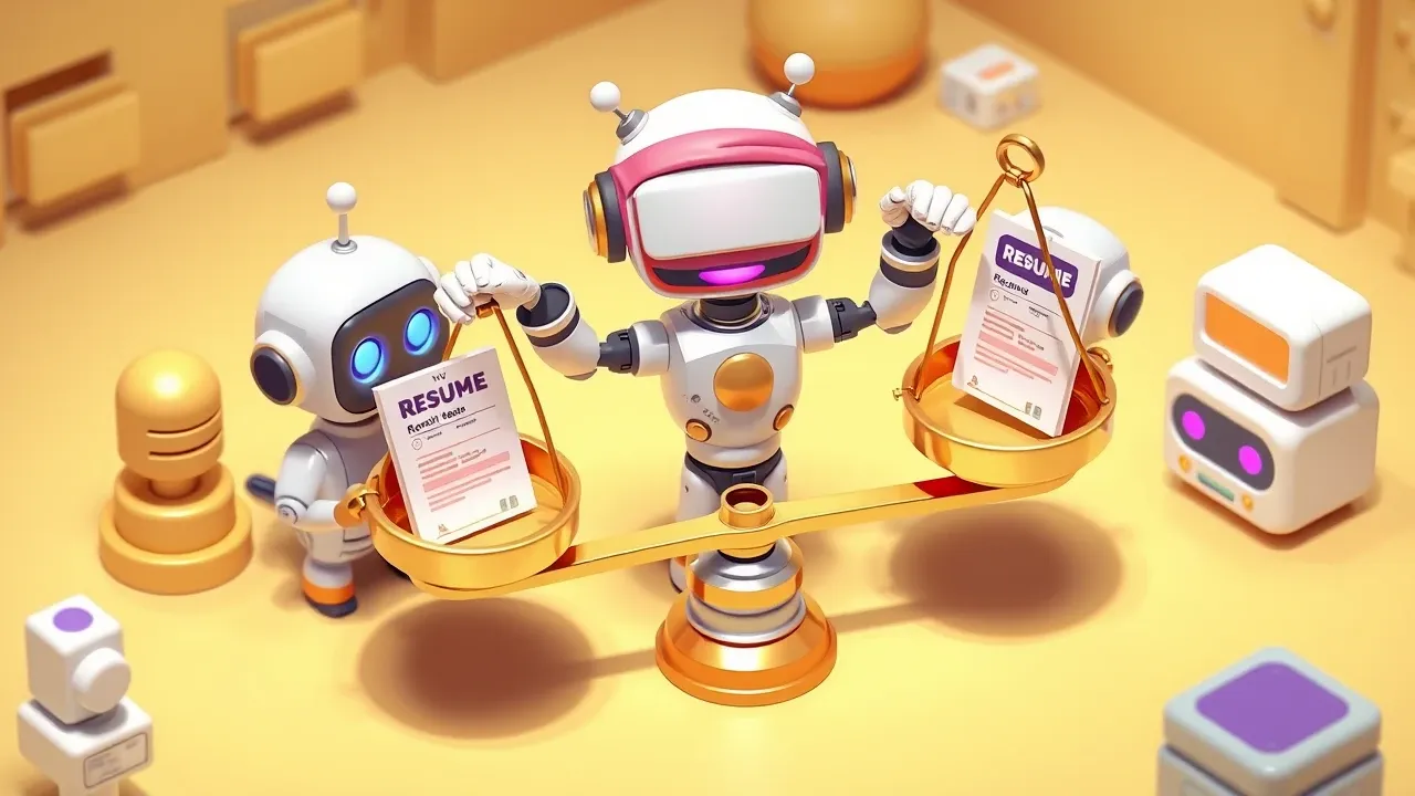 A robot holding a balanced scale with resumes on both sides, removing a blindfold from its eyes, symbolizing fairness and the absence of bias, warm tones with a violet accent