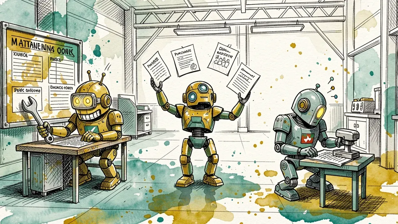 Three robots each tending a different station: maintenance, purchase orders and a quality report