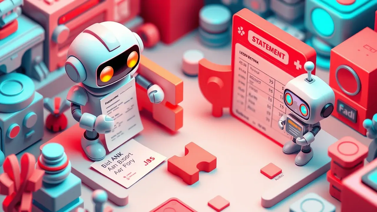 Friendly robot fitting two connecting puzzle halves, bank statement on one side and ledger entries on the other, mismatched pieces highlighted in red, blue and turquoise palette