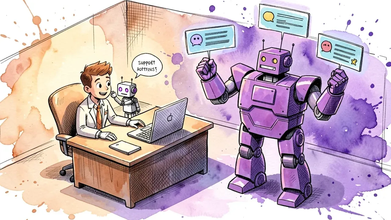 Isometric diorama of a human agent at a desk with a small assistant robot whispering suggestions, next to a large violet robot handling three different channels at once, warm light against violet light