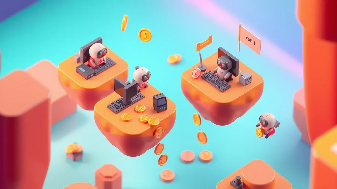 Isometric diorama of many separate desks, each with a robot and a piggy bank, coins leaking through the gaps between desks