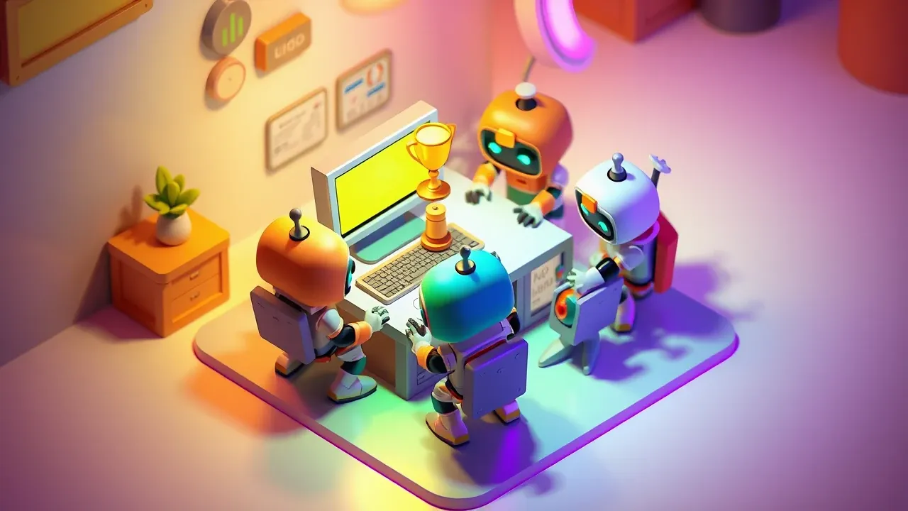 Isometric diorama of a small robot team focused on one lit-up desk, solving a specific task with a small trophy beside them