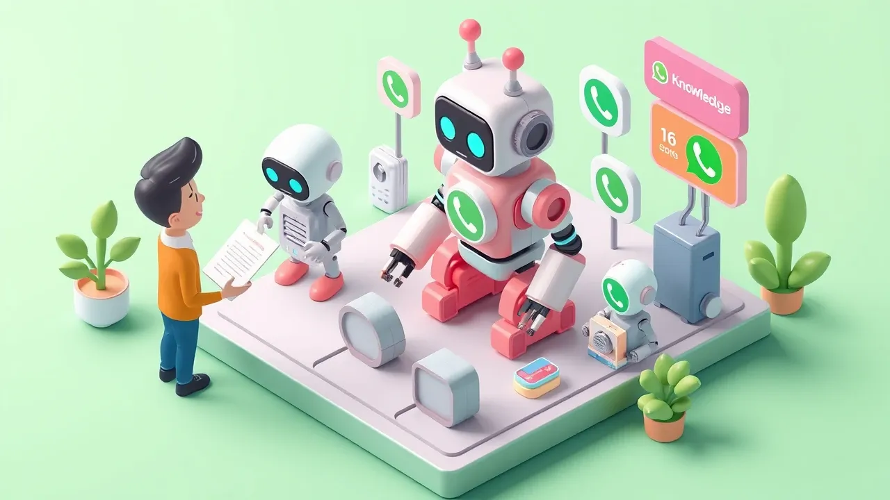 Isometric 3d miniature of a person describing an agent to a robot that assembles itself and connects to WhatsApp, knowledge blocks and channels snapping into place, lime green and indigo palette