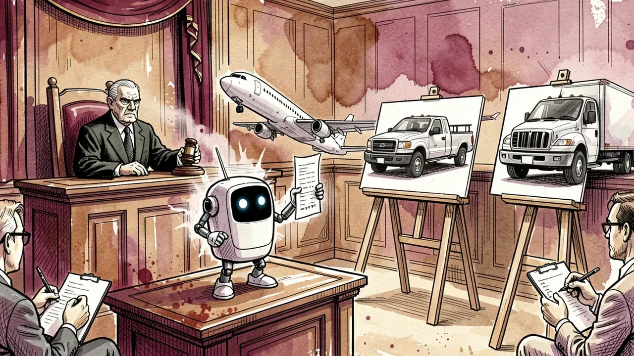 Ink and watercolor sketch of a courtroom where a small chatbot robot stands at the witness stand holding a receipt, a judge with a gavel, and an airplane, a pickup truck and a delivery van drawn as exhibits on easels