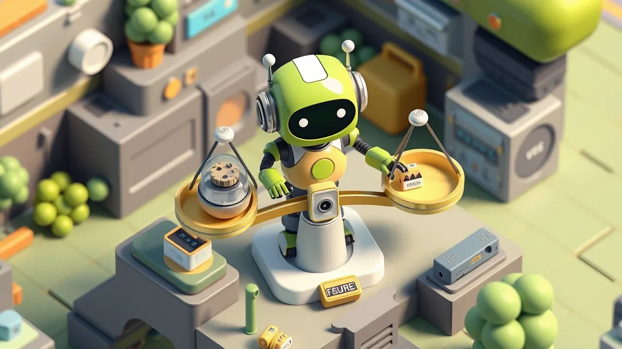 Friendly robot weighing tasks on a scale, separating the repetitive and clear-rule ones from those that need human judgment, green and indigo palette