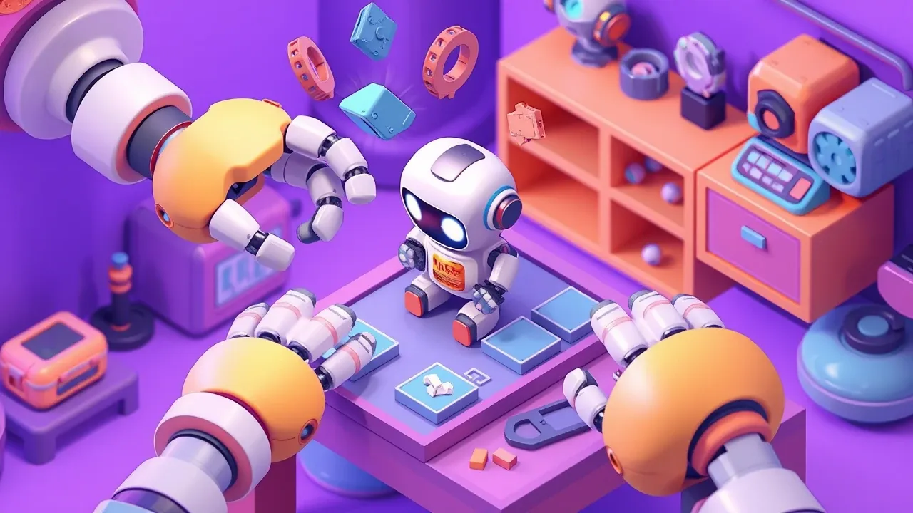 Isometric diorama of hands assembling a robot agent on a workbench, with five numbered blocks snapping together like pieces, violet and blue palette