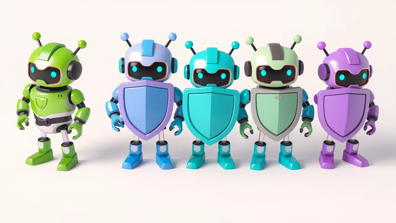 Four stylized guardian robots standing side by side, each holding a different colored shield, forming a cheerful line of defense