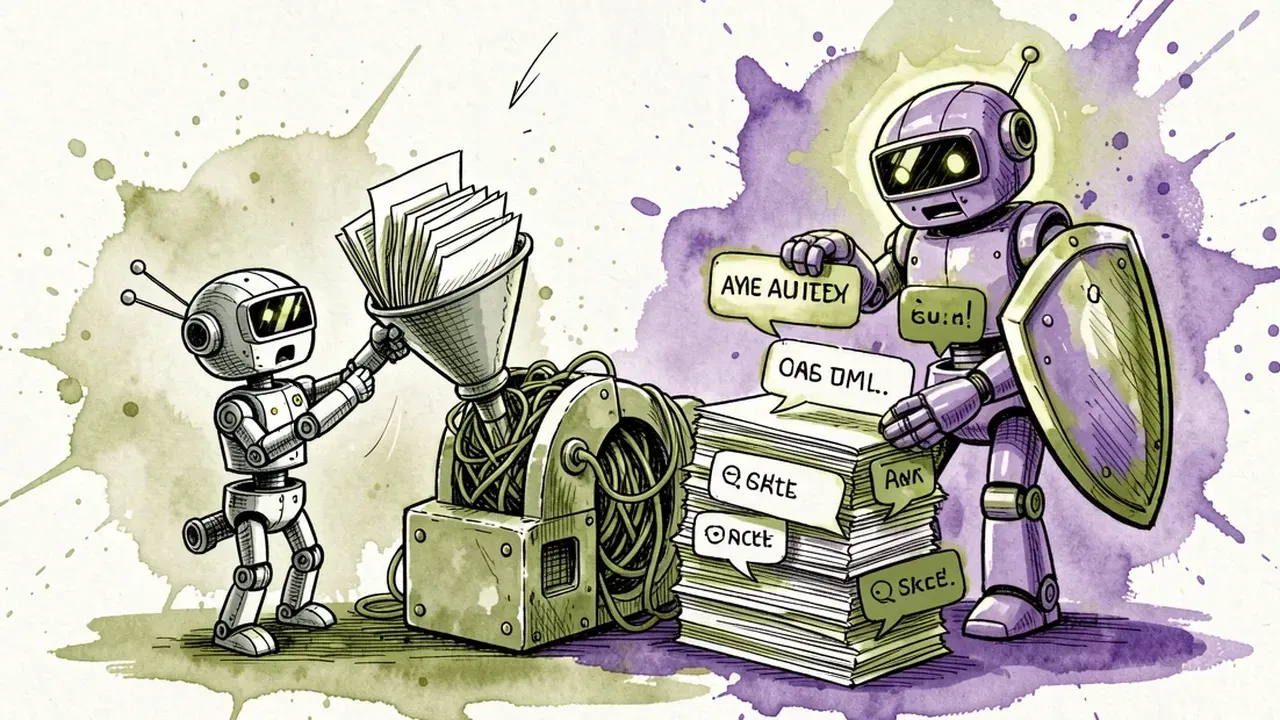 Isometric diorama of a technical robot manually feeding file folders into a funnel, next to a violet robot with a glowing shield protecting a stack of audited conversations, olive-green palette against violet