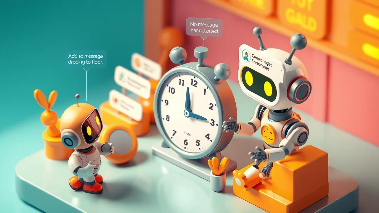 Isometric 3d mobile game art, a sales robot sending scheduled follow-up messages to several customers along a clock, leads being reheated from blue to gold, no message dropping to the floor, teal and amber palette with warm light