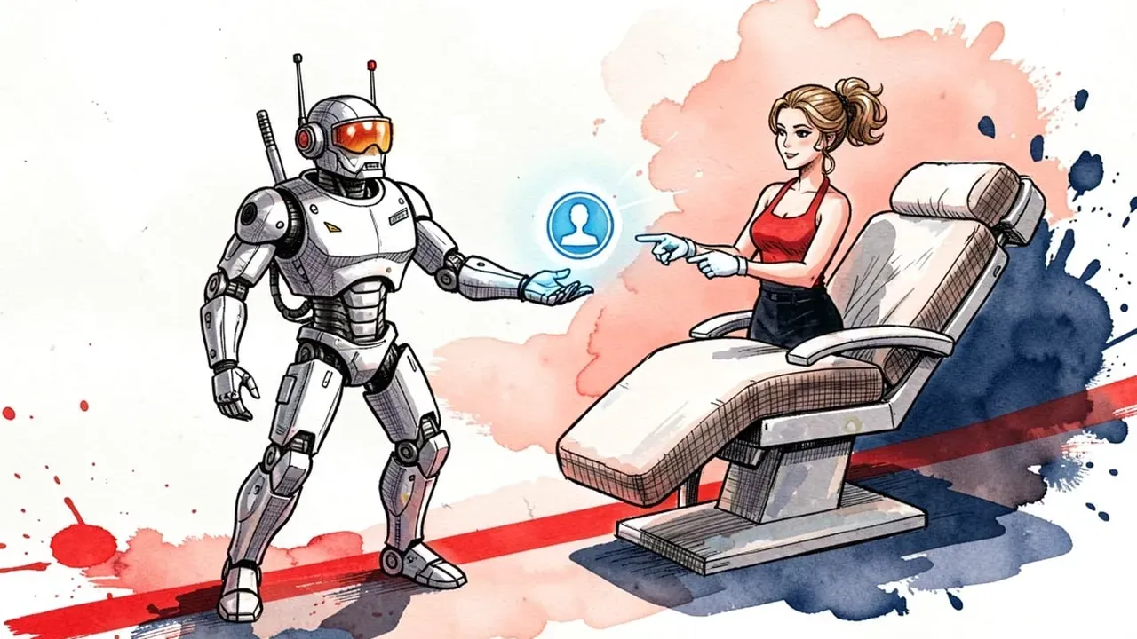 Robot agent pausing in front of a bold red line on the floor, handing off a glowing client icon to a human specialist beside a treatment chair