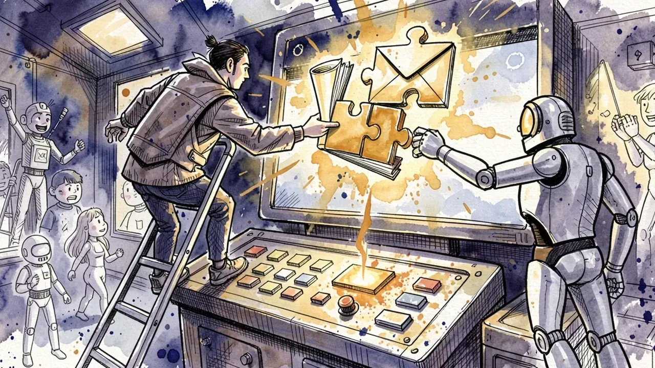 A person assembling an email support workflow on screen, connecting a knowledge base, triage rules and an inbox as pieces of the same panel