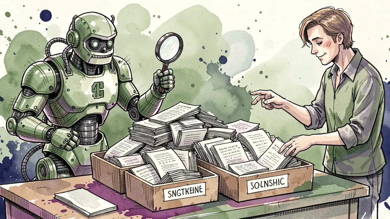 Agent robot sorting a mountain of transcript pages into four labeled trays, magnifying glass in hand, while a person next to it double-checks the decisions tray