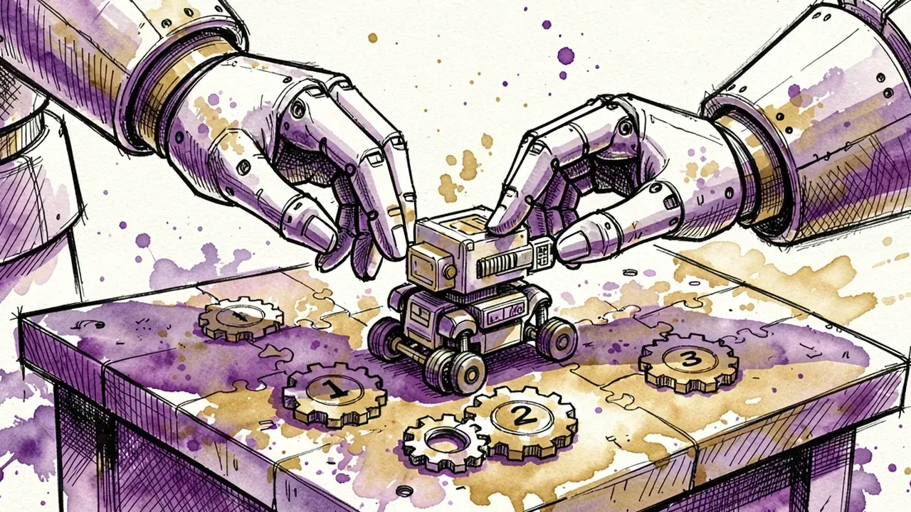 Isometric diorama of hands assembling a robot on a workbench, four numbered gears clicking into place, violet and gold palette