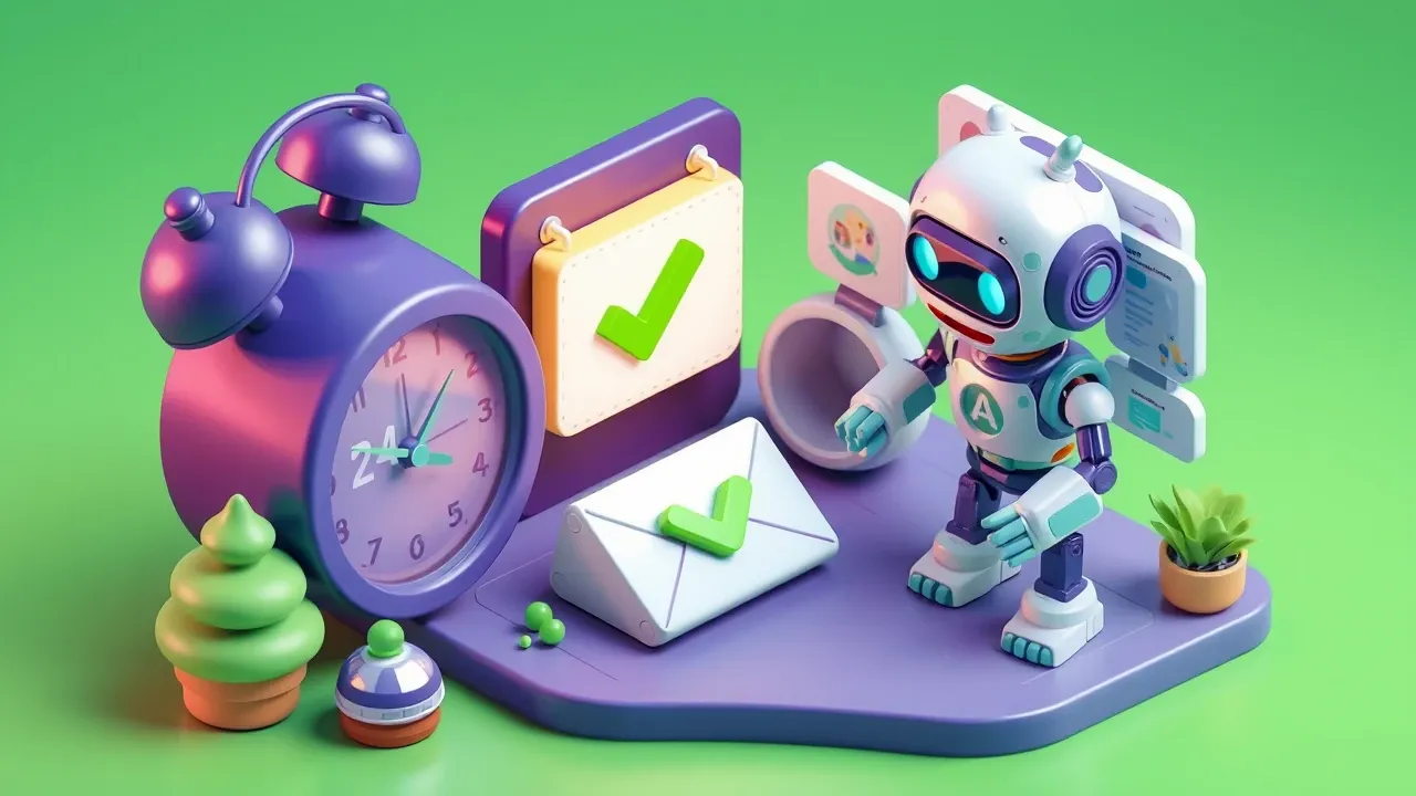 Isometric 3d miniature of a 24-hour clock beside an approved message envelope, a robot organizing templates and conversation windows, indigo and lime green palette