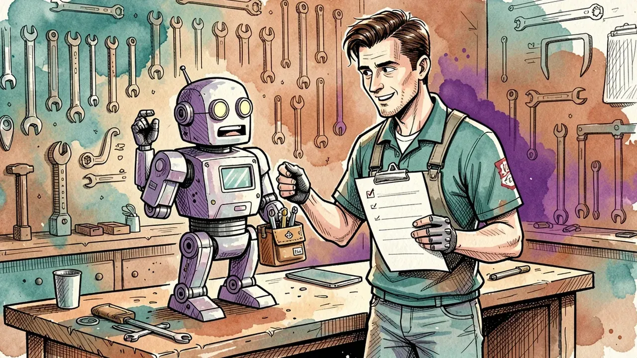 A man at a workbench fitting a robot agent with a small belt holding just three tools, with a wall full of unused tools behind them and a checklist in his hand