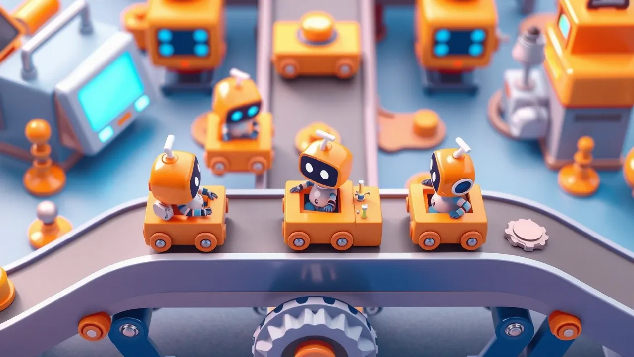 Isometric diorama of a hiring conveyor belt with robots handling stages: schedule, reply, notify, with candidates moving along in little carts, orange and blue palette