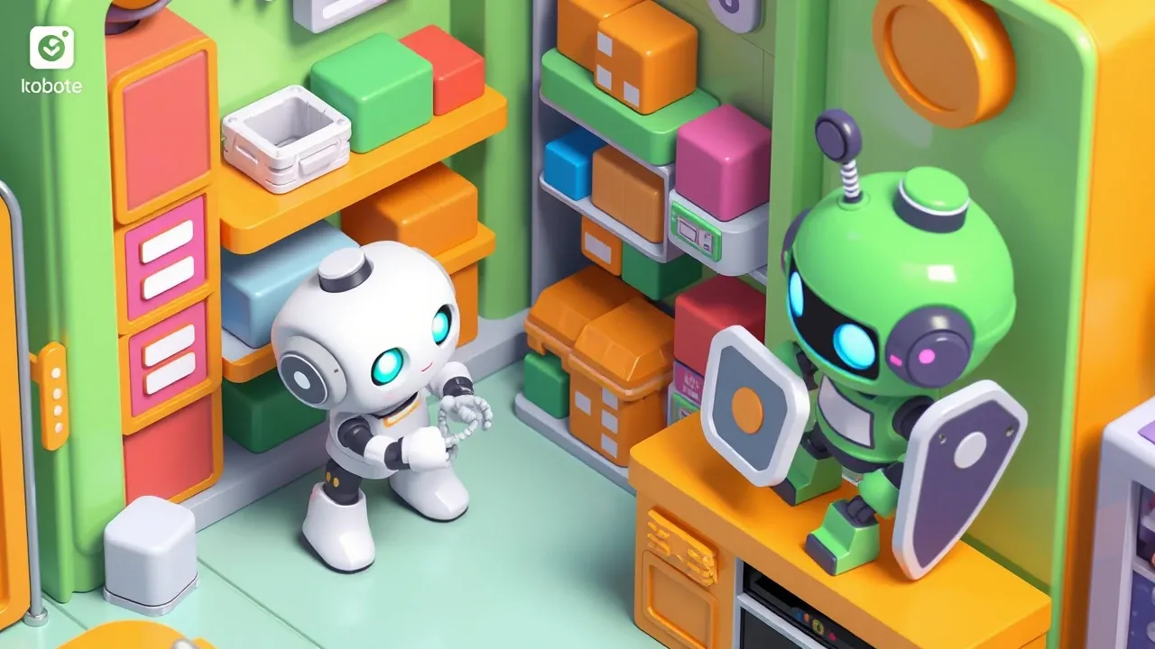 A robot organizing colored blocks onto labeled shelves while a guardian robot with a shield watches, a clean and orderly environment