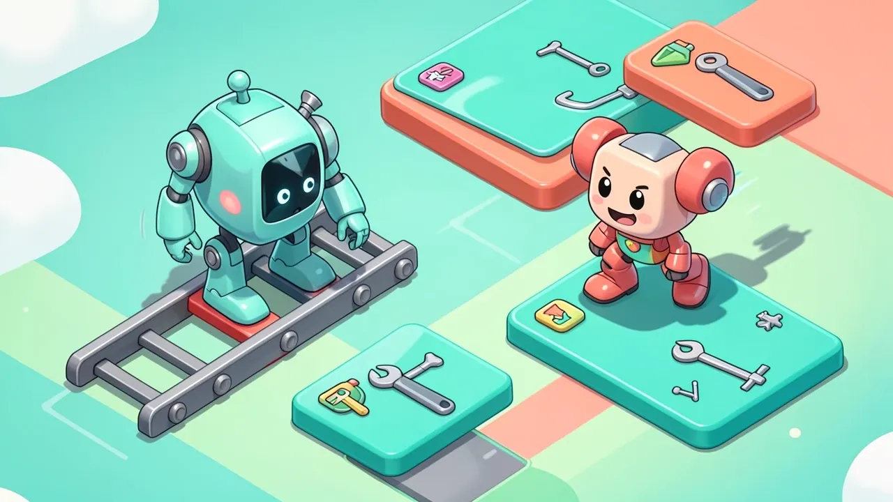 Isometric diorama of two robots side by side, one stuck on fixed rails and the other walking freely between several connected platforms, teal and coral palette