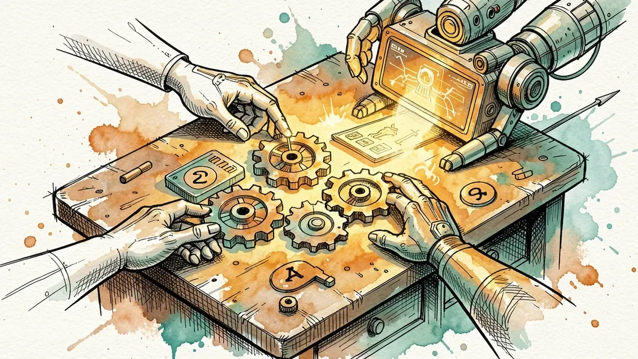 Isometric diorama of hands and a robot assembling a glowing dashboard on a workbench, four numbered gears interlocking, amber and teal palette