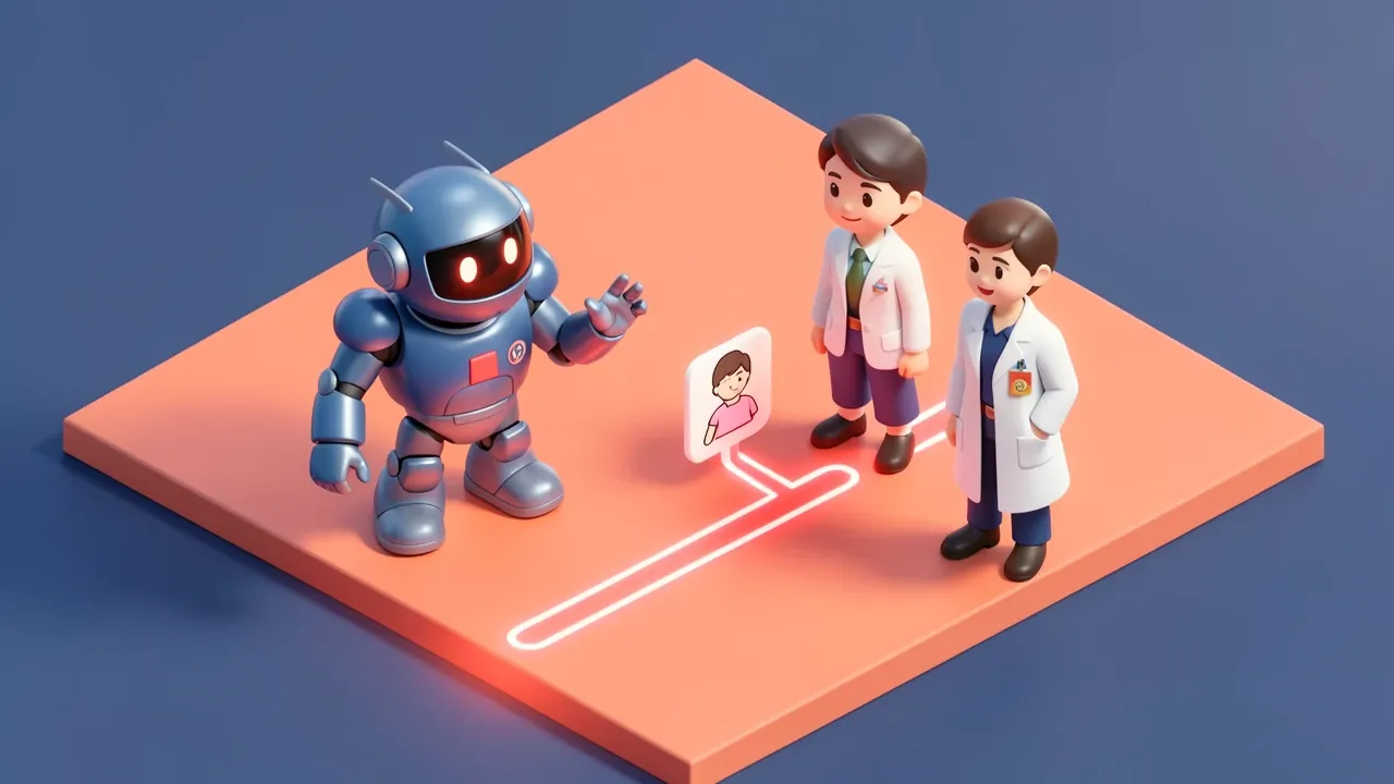 Isometric 3d agent robot pausing in front of a glowing red line on the floor, a hand-up gesture, routing a patient icon to a human professional beside it, coral and navy palette