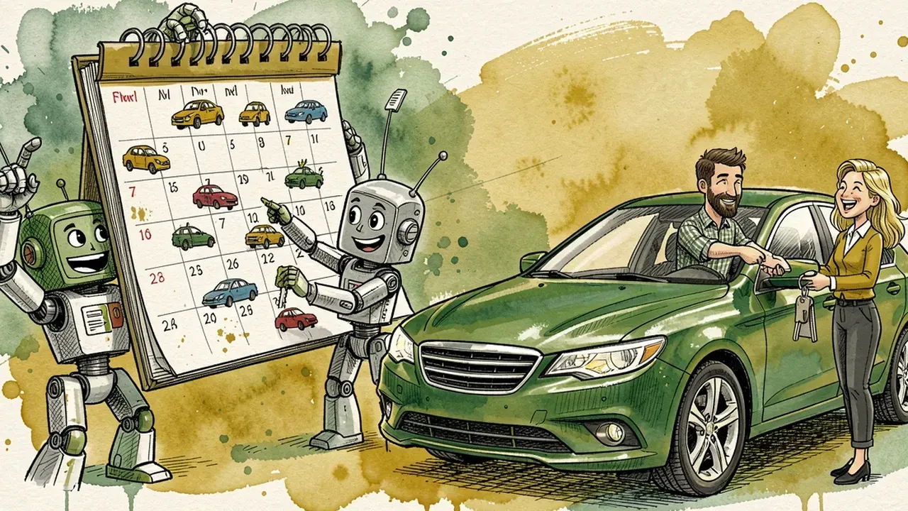Robot arranging little car icons on a floating calendar while a salesperson hands over keys to a happy customer next to a car