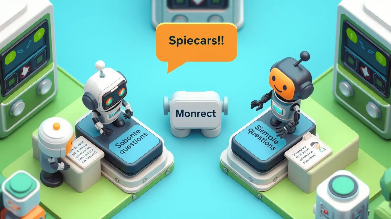 Isometric 3d miniature of a support robot sorting messages onto two conveyor belts, one of simple questions it solves and another it hands to a smiling human agent, a clear handoff sign in the middle, green and indigo palette