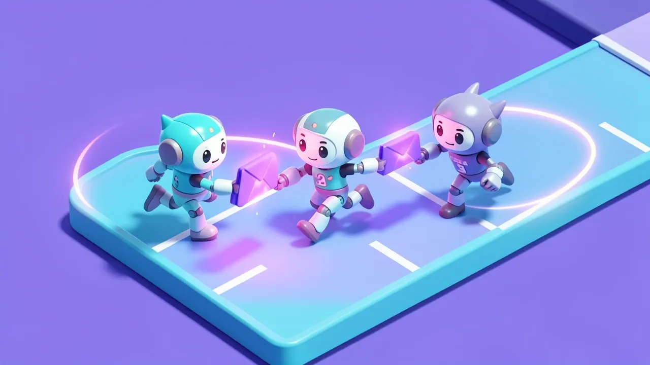 Isometric diorama of three robots in a relay race passing a glowing violet folder baton between each other along a curved track, connected by soft light trails showing context flowing from one to the next, energetic violet and turquoise palette
