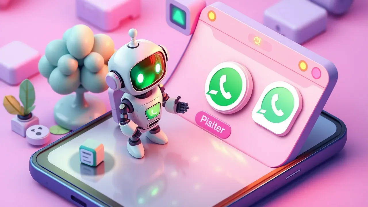 Isometric 3d mobile game art, a visitor being served right on the website page by a robot while a WhatsApp icon appears beside it as a connected second option, both linked to the same central hub, green and violet palette with warm light