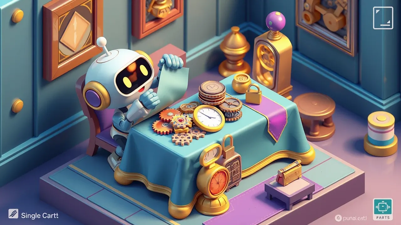 A robot pulling a tablecloth to reveal hidden costs underneath: gears, padlocks, and clocks stacked up
