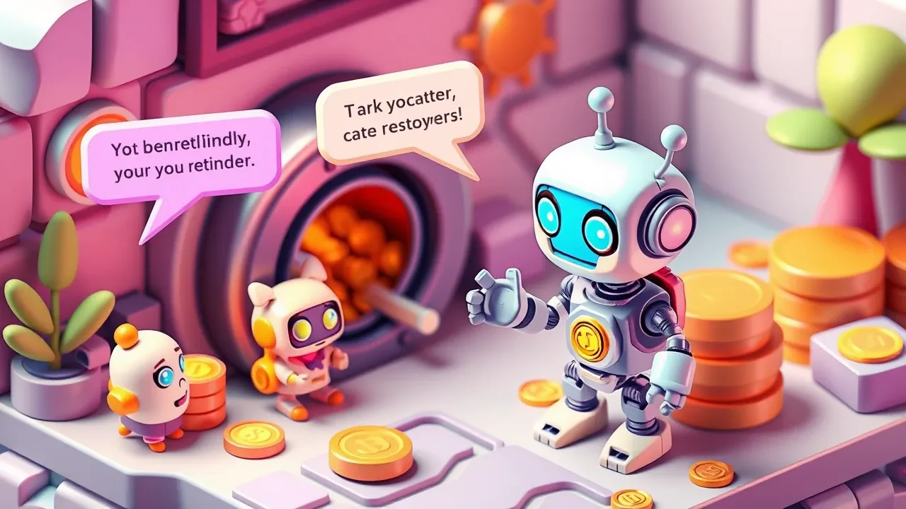 Isometric 3d robot sending friendly reminder message icons to customers along a timeline, with a vault filling with coins in the back, amber and violet palette