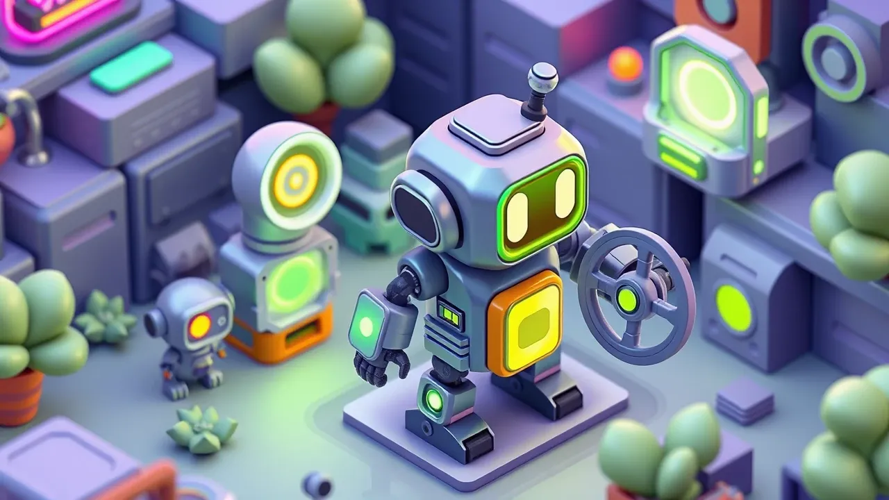 Isometric 3d robot agent with four visible modules, a goal target, a tool belt, a memory brain and an autonomy steering wheel, indigo and lime green palette