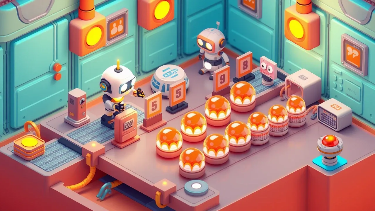 Isometric diorama of a qualification conveyor with five numbered stations, a robot configuring each step, leads entering one side and coming out organized, turquoise and amber palette
