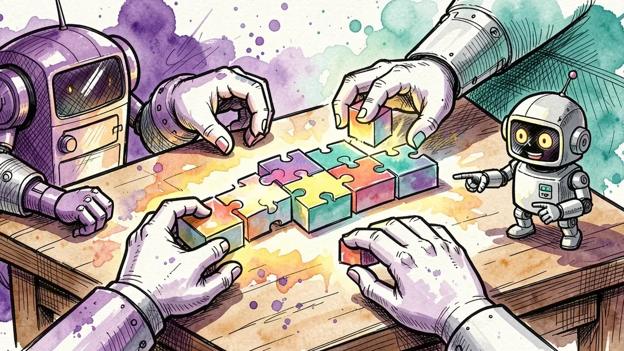 Hands assembling five colorful puzzle-shaped blocks on a wooden desk, with a small robot helper pointing at the pieces, watercolor illustration