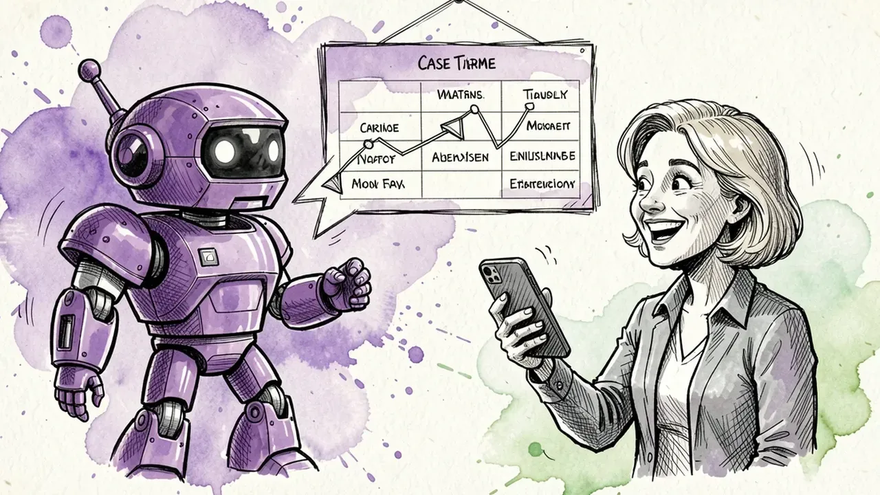 Purple robot showing a floating case timeline to a smiling client holding a phone, case milestones drawn as little flags along the line, lilac and green watercolor