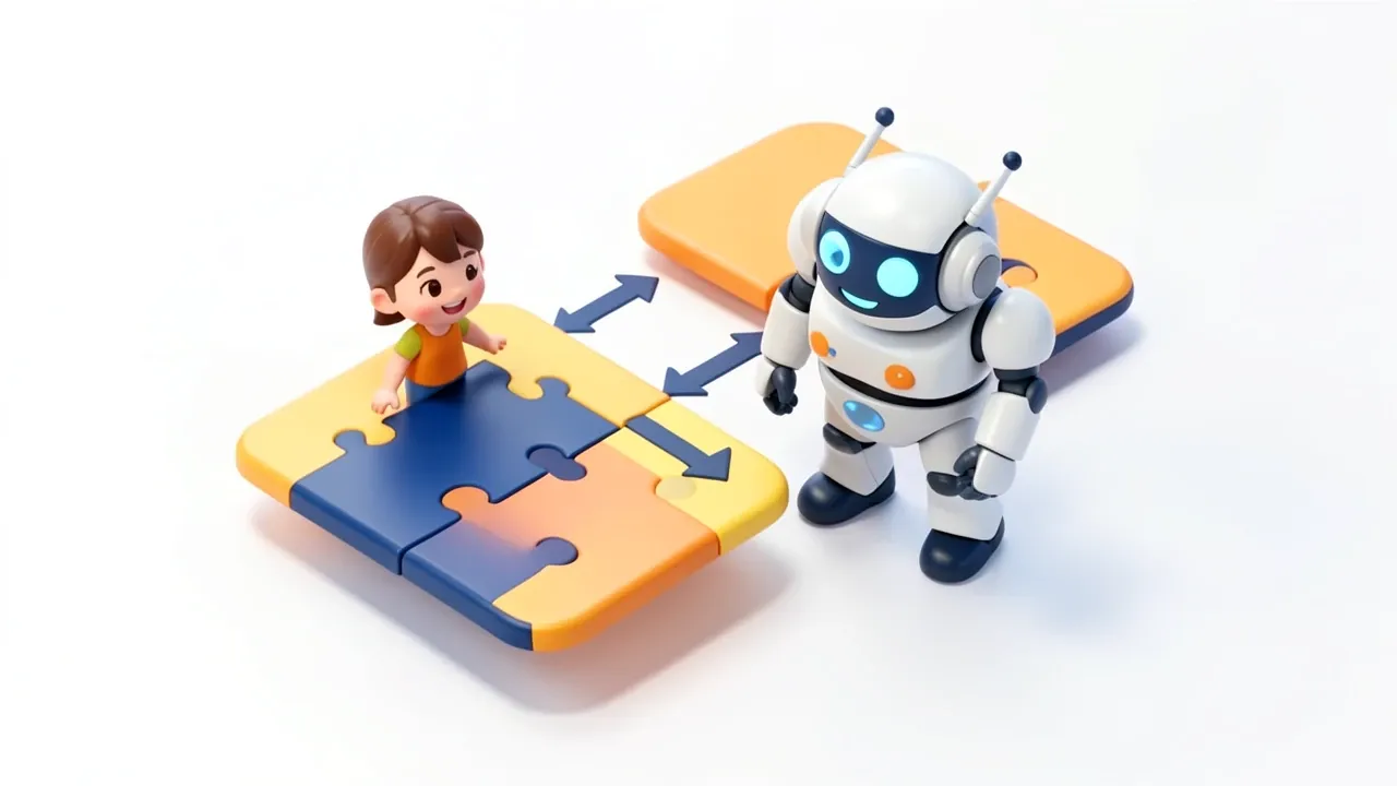 A child character and a robot side by side fitting colorful puzzle pieces connected by arrows, representing a decision flowchart, amber and navy blue palette