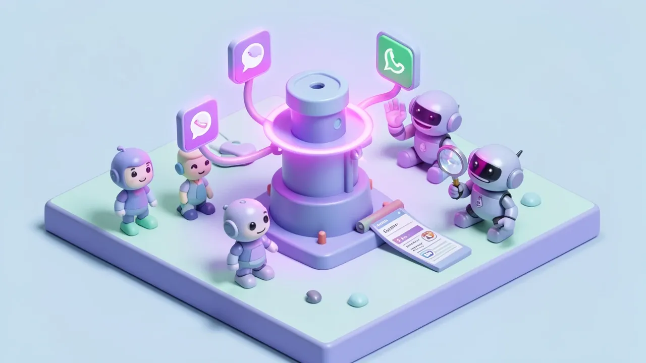 Isometric diorama of a glowing purple shield protecting WhatsApp and Telegram channel icons connected to a central tower, a small robot auditor checking a log, purple and mint palette
