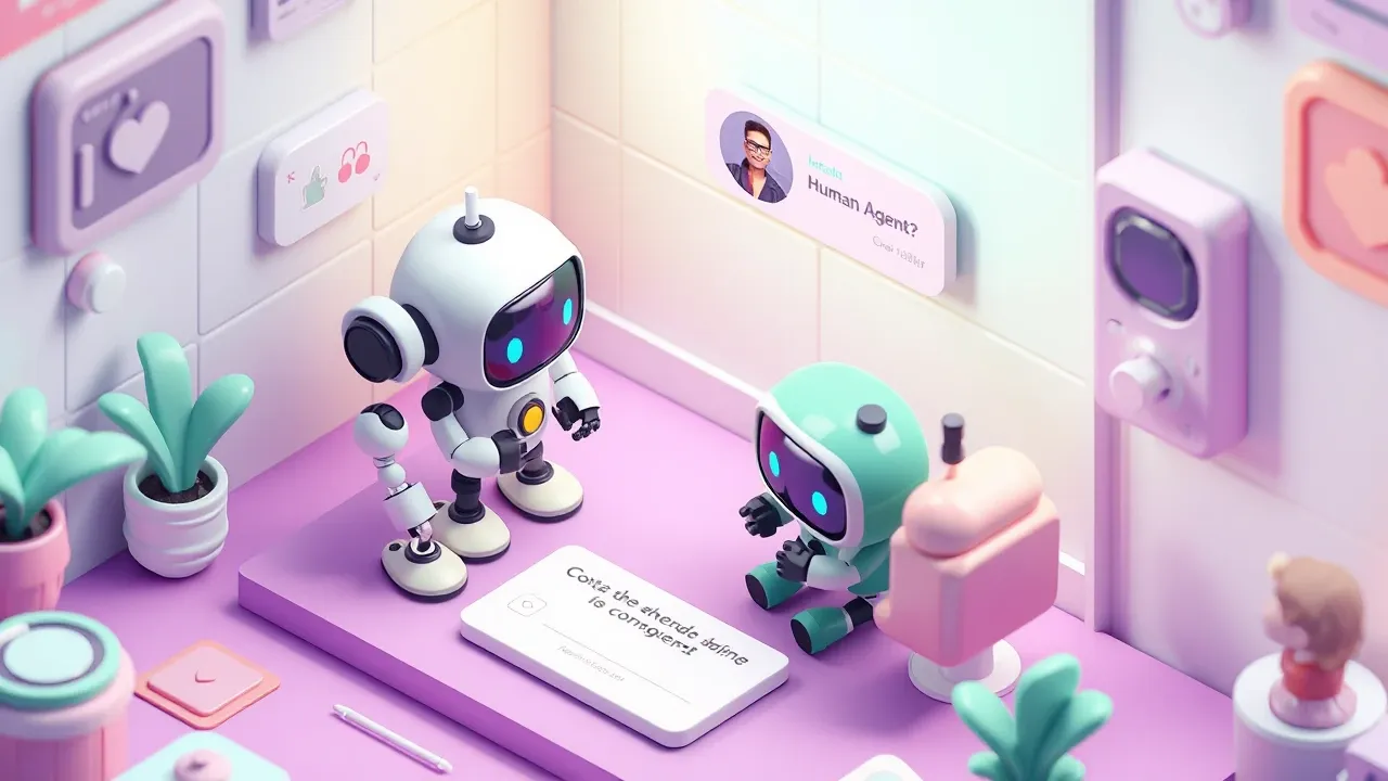 Isometric 3d mobile game art, a conversation continuing seamlessly while the switch from a robot to a human agent happens backstage, a single chat bubble flowing without a break, a context card sliding underneath, mint green and soft violet palette, smooth lively render