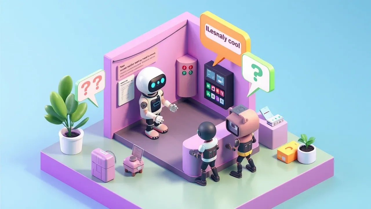 Isometric 3d miniature of a legal help desk where a friendly robot answers questions from employees walking up with doubts, question and answer bubbles, violet and green palette