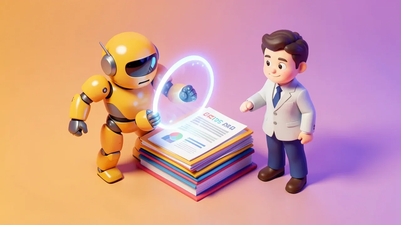 Isometric 3d agent robot placing a protective shield over a stack of financial documents, a human supervising beside it, amber and violet palette