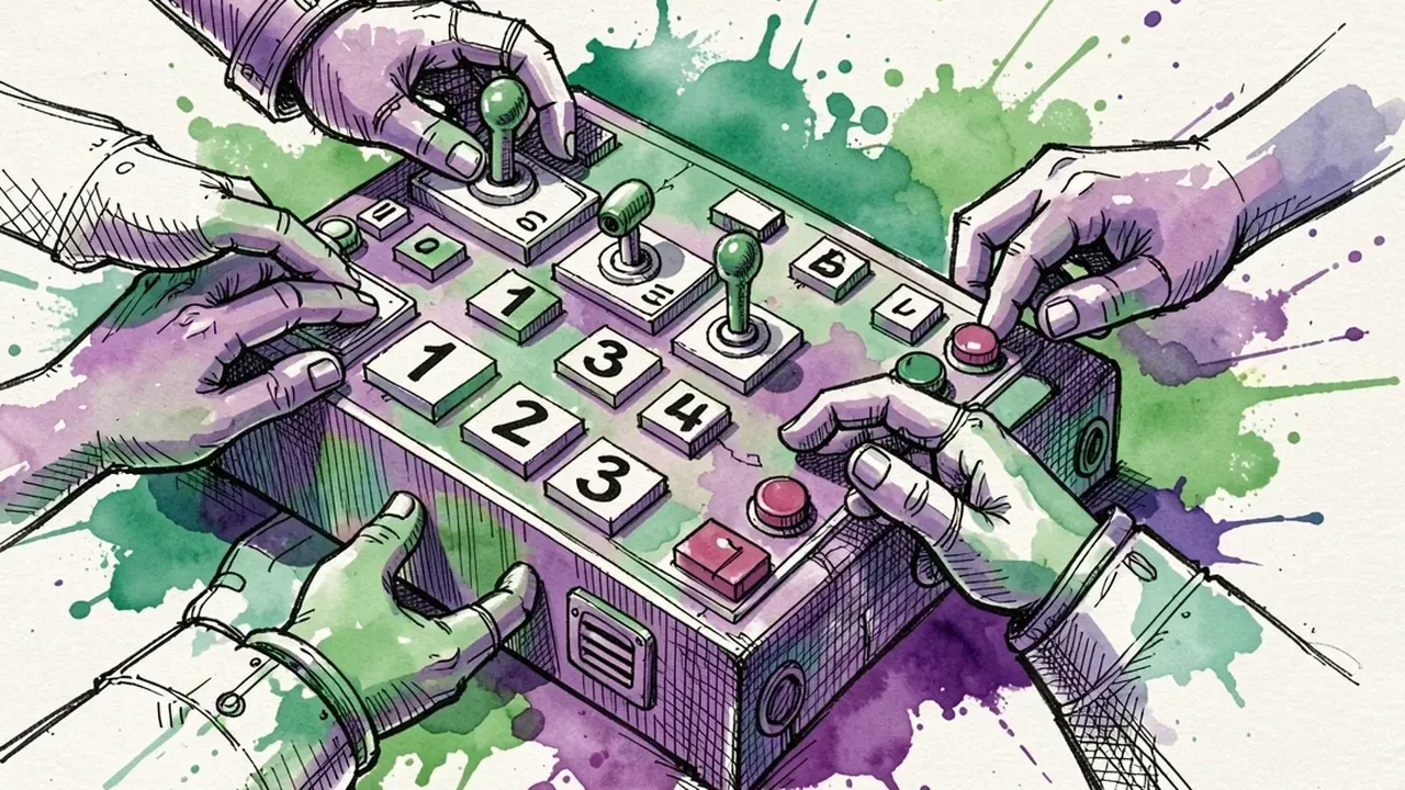 Isometric diorama of hands and a robot assembling a control panel with four numbered steps clicking into place, ink and watercolor sketch, emerald and violet tones