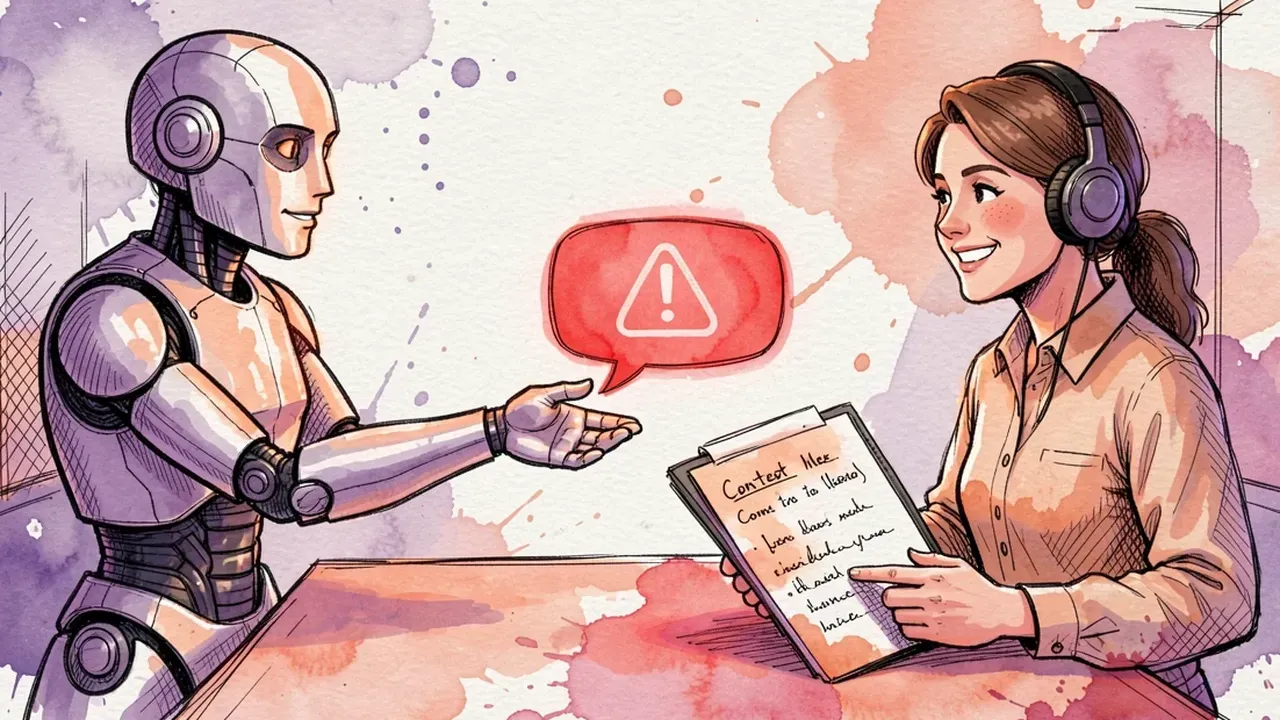 Robot handing off a red alert chat bubble to a smiling human agent with a context clipboard, violet and coral watercolor