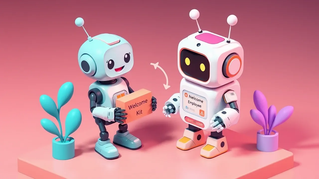 Isometric diorama of a new employee robot receiving a welcome kit from an AI agent, with arrows showing the first steps