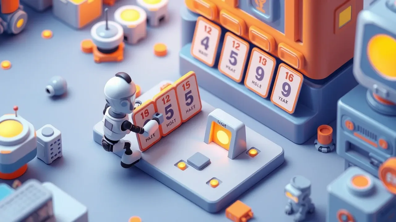 Isometric diorama of a robot assembling a sequence of numbered message cards on a board, with time gaps between them and an exit sign at the end, amber and blue palette