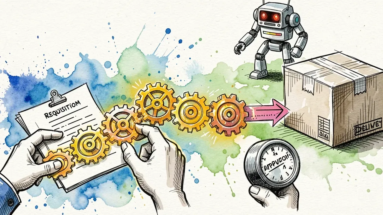 Hands linking a chain of golden gears from a requisition form to an approval stamp and a delivery box, with a small robot watching, watercolor illustration