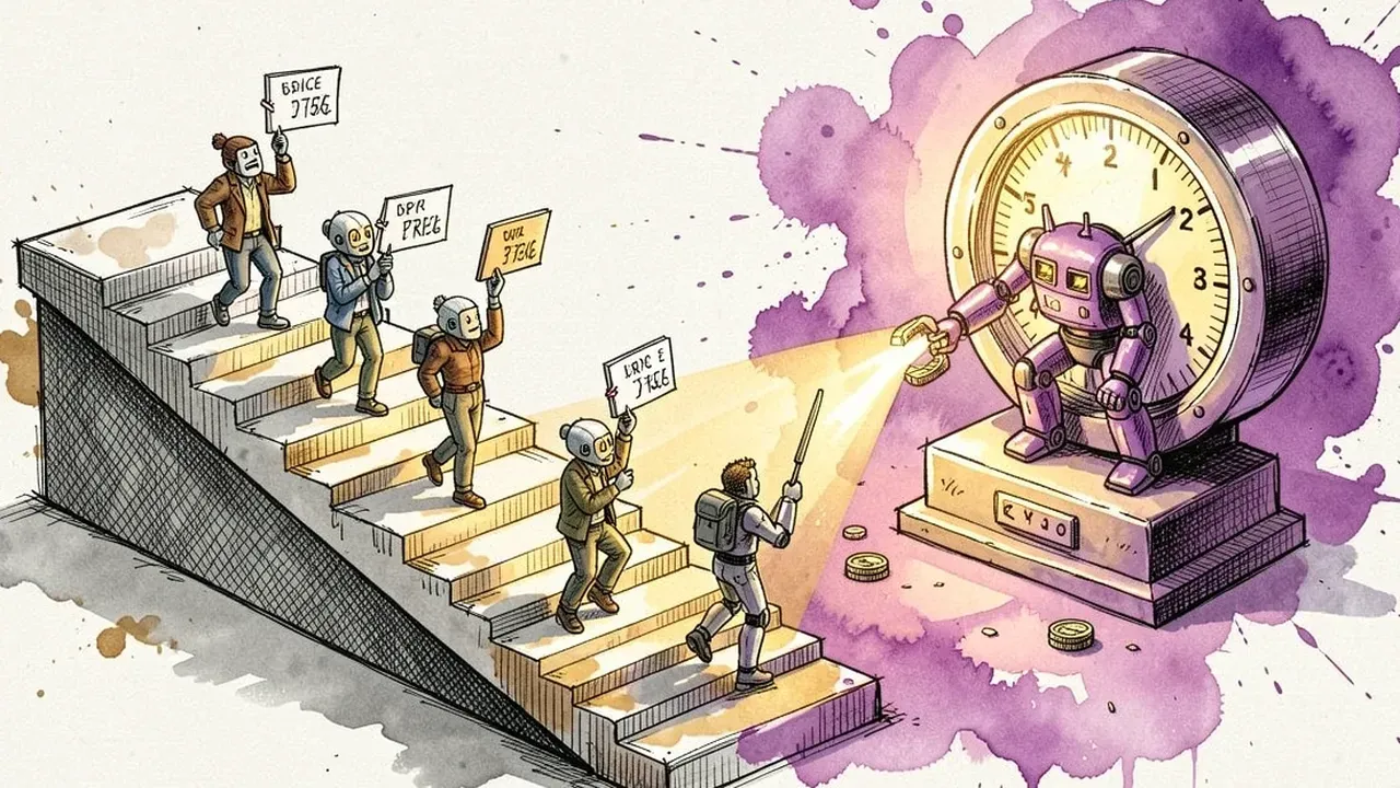 Isometric diorama of a line of people each carrying an individual price tag up a staircase, next to a single meter showing usage credits being consumed by a violet robot, gold and violet palette
