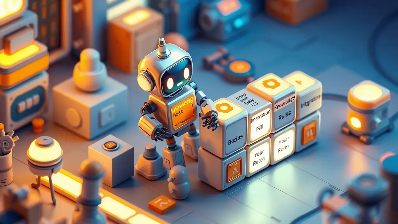 Isometric 3d robot being assembled from labeled blocks knowledge base, integrations and rules, with an escalation rail coming off the side, indigo and amber palette