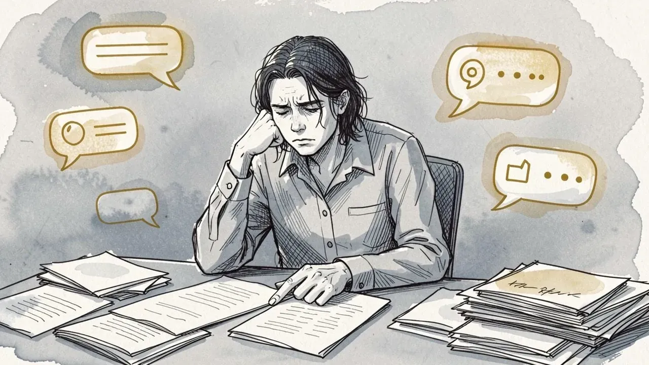 A person surrounded by scattered papers and several glowing chat bubbles from different apps, none connected to each other, cool gray-blue and gold palette
