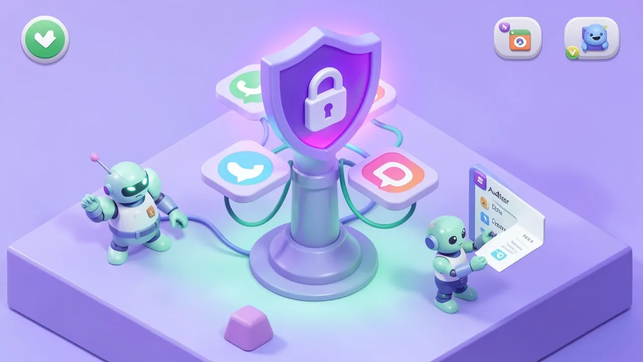 Isometric diorama of a bright violet shield protecting channel icons natively connected to a central tower, a small auditor robot checking a scrolling log, violet and mint palette