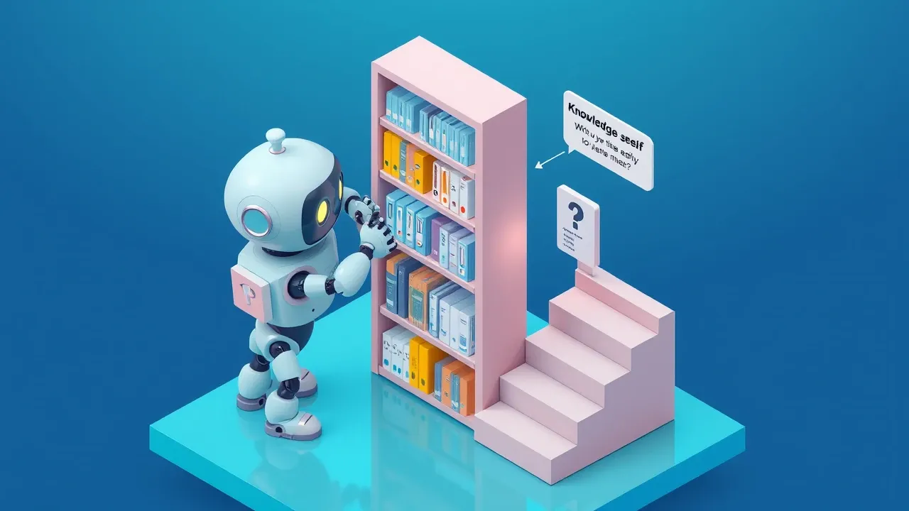 Isometric 3d robot assembling a knowledge shelf in stages, organizing, uploading files and testing questions, with a numbered staircase of steps, indigo and turquoise palette